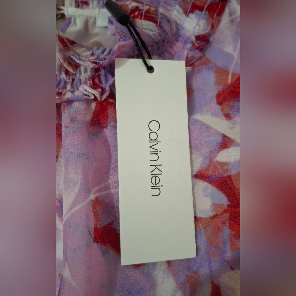 New Calvin Klein Purple Floral Sleeveless Lined Smocked Neck Top Size XL - Picture 4 of 10